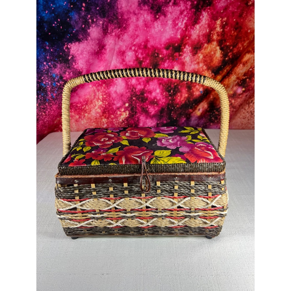 Vintage 1950s Japanese Wicker Sewing Basket Floral Brocade Red Satin 10x7x6